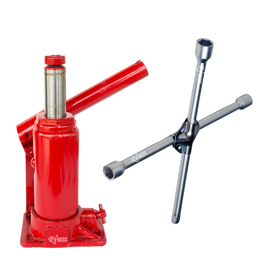 red bottle jack and cross wrench