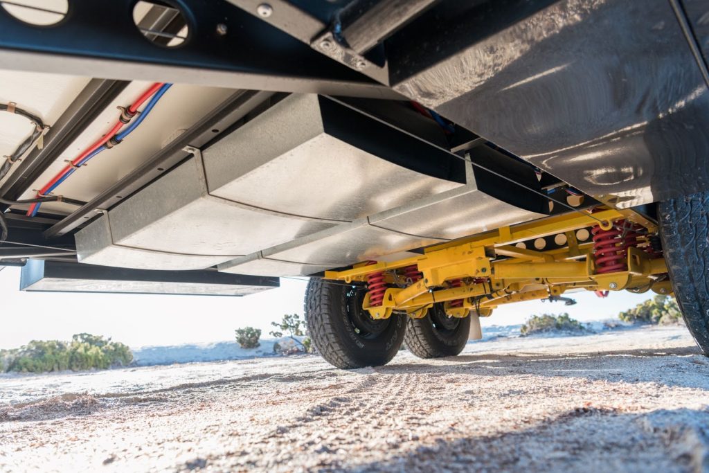 underneath view of caravan suspension