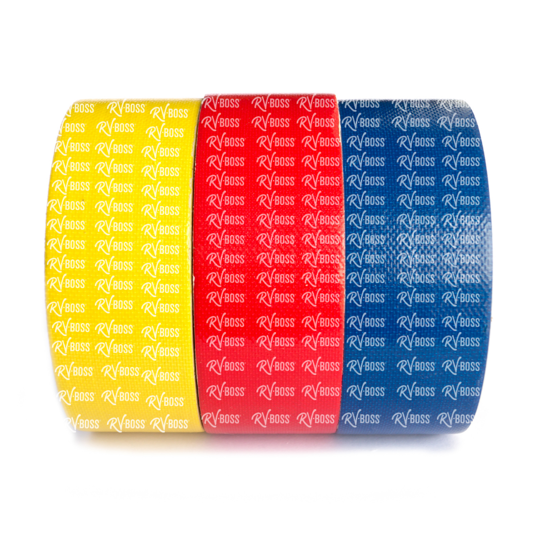 yellow, red and blue duct tape an rv tool kit