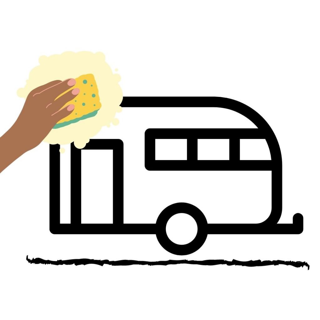 cartoon picture of over sized hand cleaning a caravan with a sponge