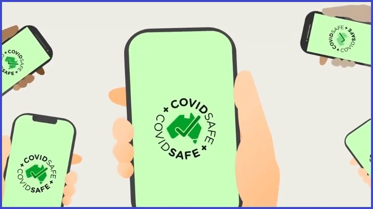 cartoon hands holding phones with covid safe logo backrounds